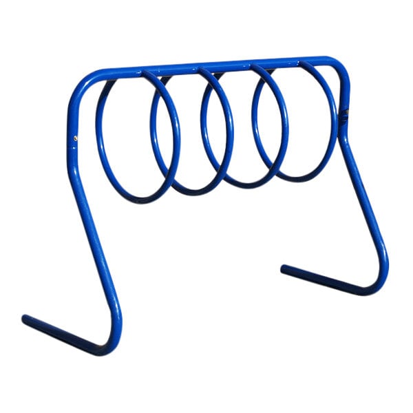 A blue Paris Furnishings inground bike rack with six loops.