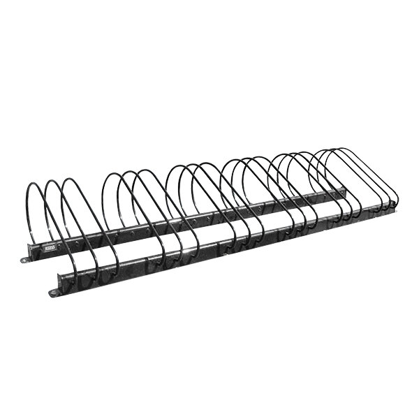 A close-up of a black metal Paris Furnishings surface mount bike rack.