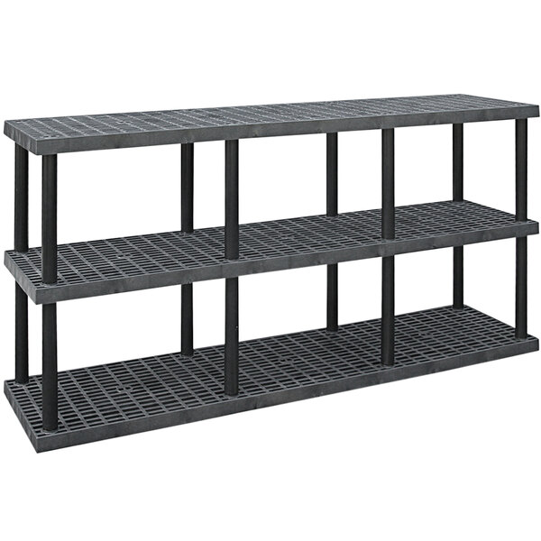 A black plastic Vestil boltless shelf with black metal shelves.