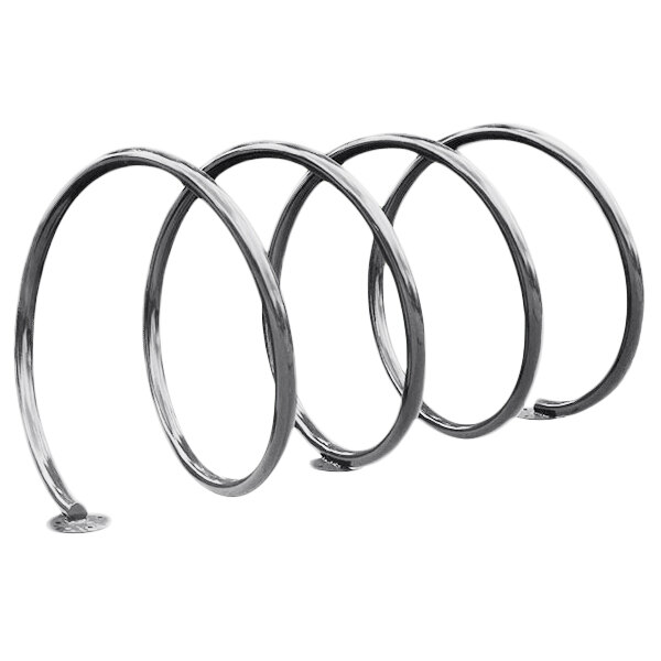 A close-up of a metal spiraled bike rack with 5 loops.