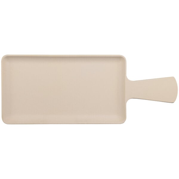 A rectangular white melamine serving tray with a handle.