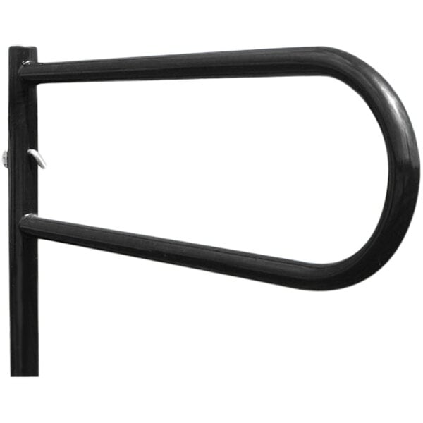 A black rectangular metal Paris Furnishings bollard gate with two hooks on it.