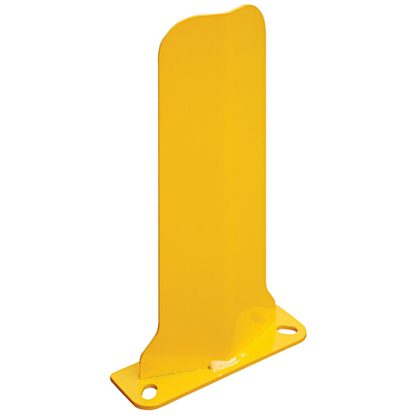 A yellow metal rectangular rack guard with holes and a red edge.