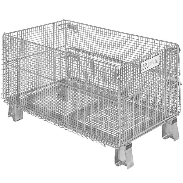 A Vestil wire mesh container with a handle.