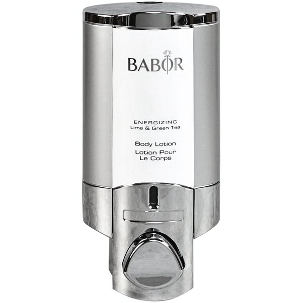 A chrome wall-mounted shower dispenser with a silver and black Babor logo.