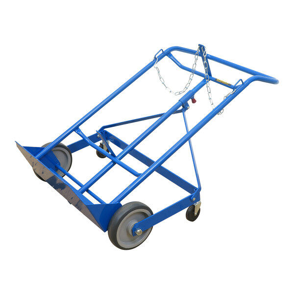 A blue Wesco Industrial Products double cylinder hand truck with black wheels.