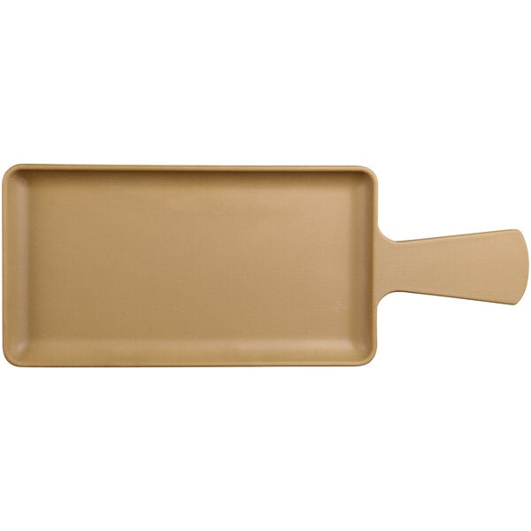 An Elite Global Solutions rectangular tan melamine serving tray with a handle.