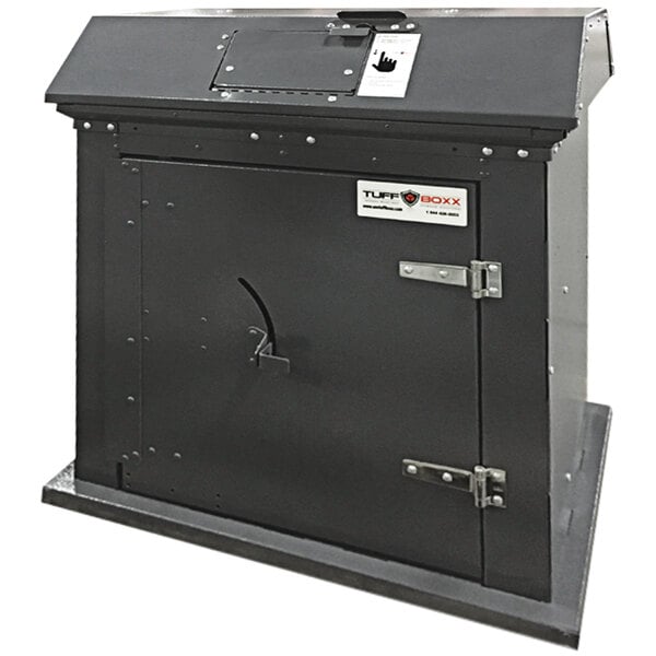 A black TuffBoxx steel trash receptacle with a door.