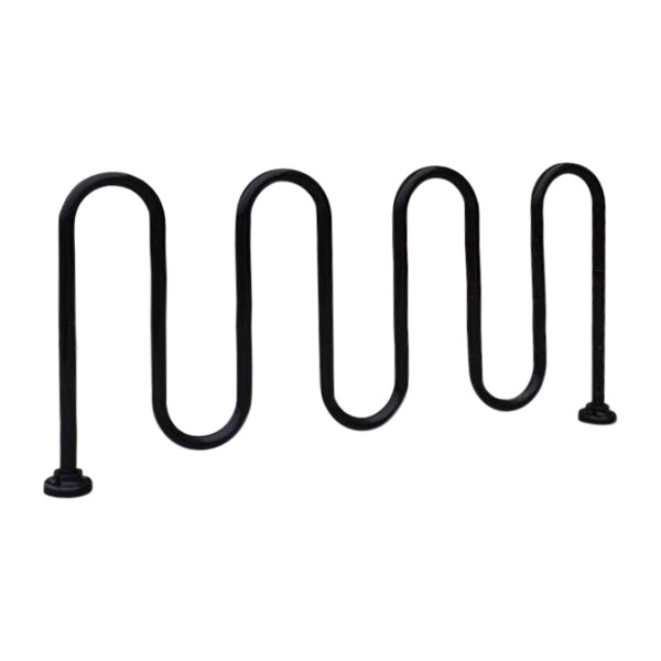 A black metal Paris Furnishings M style bike rack with inground loops.