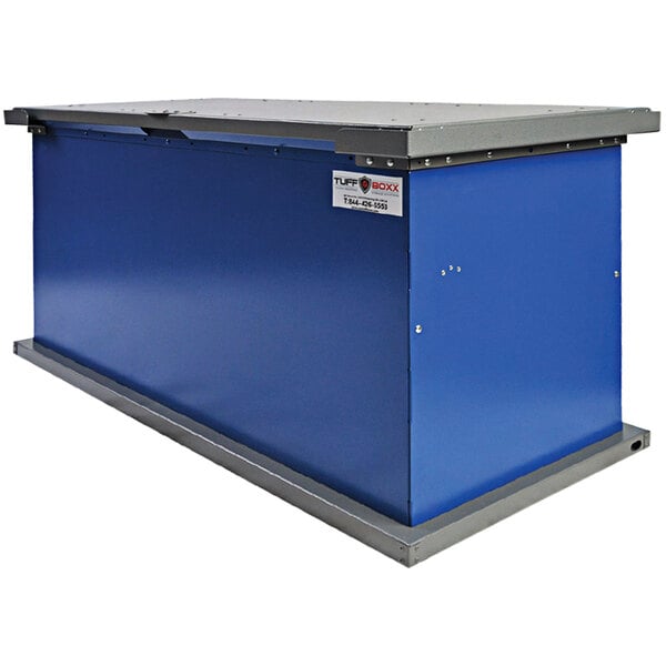 A blue TuffBoxx Kodiak steel trash receptacle with a grey top.