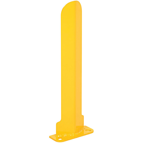 A yellow rectangular steel rack guard with a white background.
