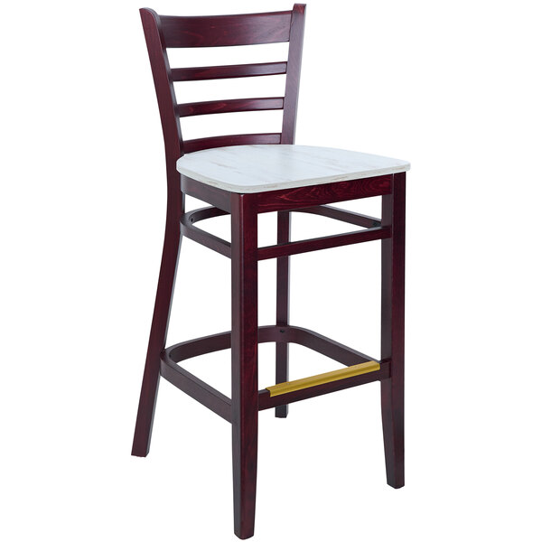 A BFM Seating Berkeley beechwood barstool with a white seat.