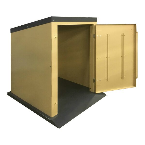 A TuffBoxx ToteBoxx steel trash receptacle with a door open.