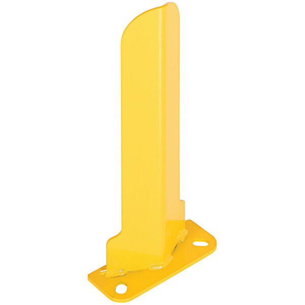 A yellow metal rectangular rack guard with holes.