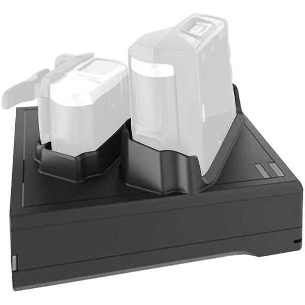 A black and white Zebra battery charging station with two rectangular white slots.
