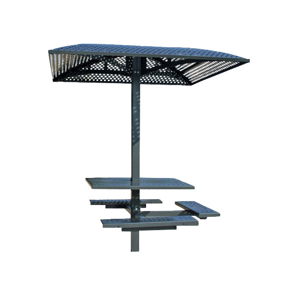 A close-up of a Paris Site Furnishings perforated metal picnic table with attached benches.