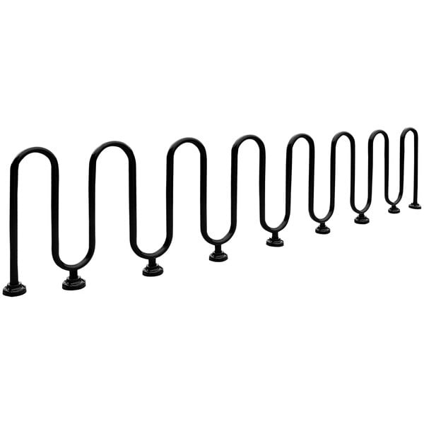 A black metal Paris Furnishings M Style bike rack with 15 loops.