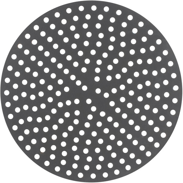 An American Metalcraft hard coat anodized aluminum circular pizza disk with holes in it.