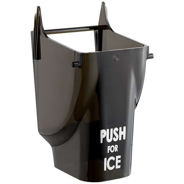 A black plastic Avantco ice dispenser chute with white text.