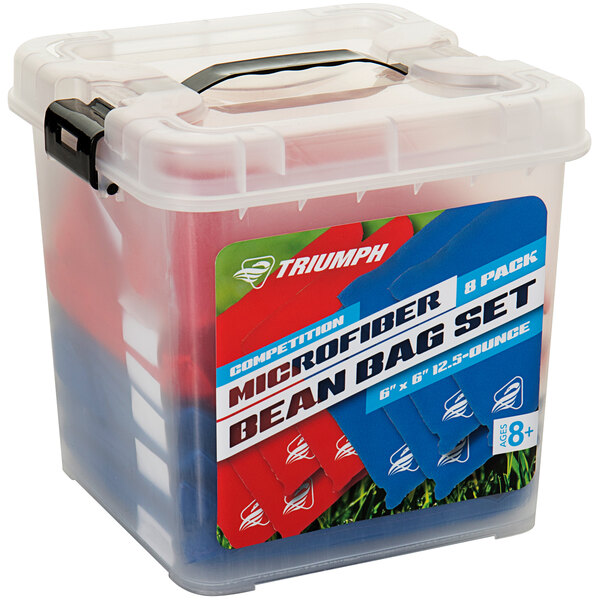 A plastic container of Triumph red and blue bean bags with a lid.