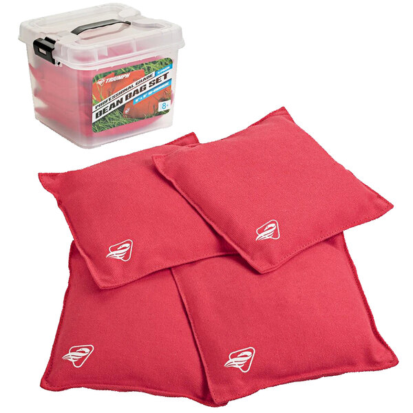 A plastic container holding four red Triumph canvas duck cloth bean bags.