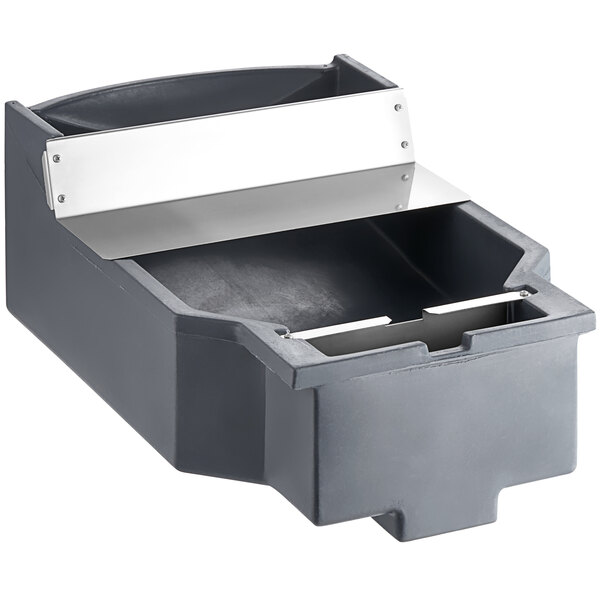 A grey plastic container with a silver metal tray inside.