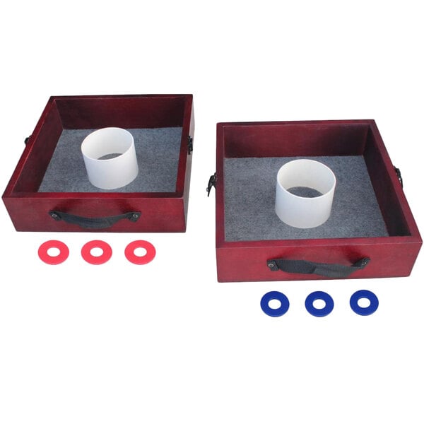 A red and white Triumph washer toss game set box with two wooden boxes inside with a hole in them.
