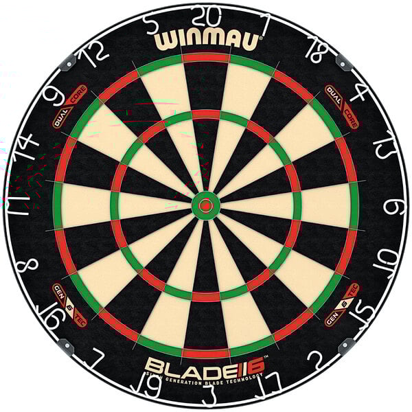 A Winmau Blade 6 Dual Core Bristle Dartboard with red, green, and black numbers in the center.