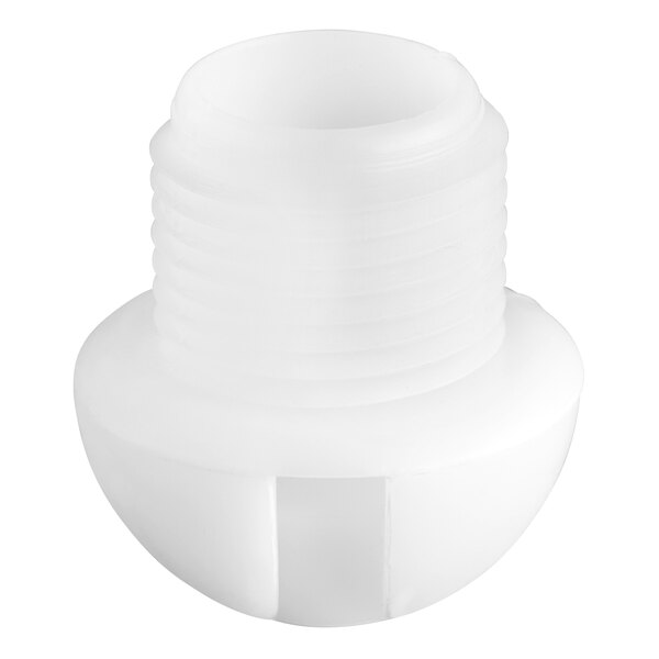 A white plastic Avantco ice machine bin drain top with a nut.