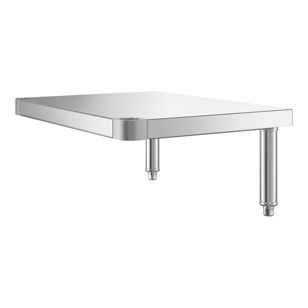 A rectangular stainless steel shelf with two cylindrical legs and a smooth, reflective surface.