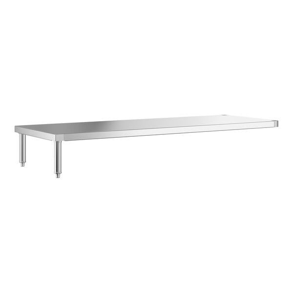 A rectangular stainless steel shelf with two supporting legs on one side.