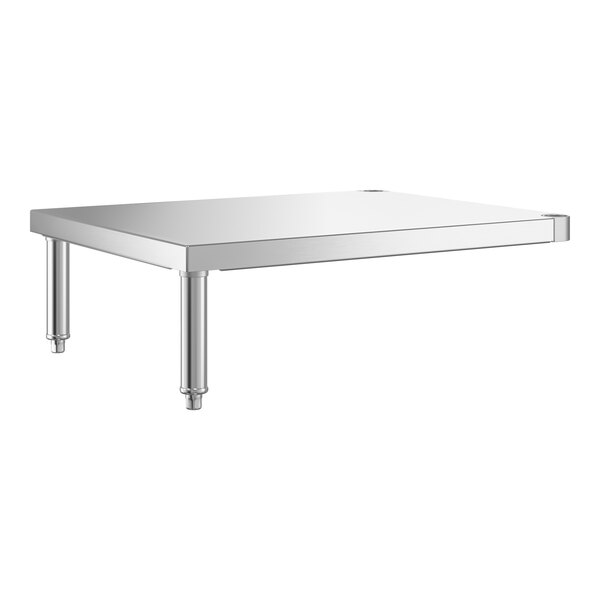A rectangular stainless steel shelf with three cylindrical legs, designed to be mounted under a table.