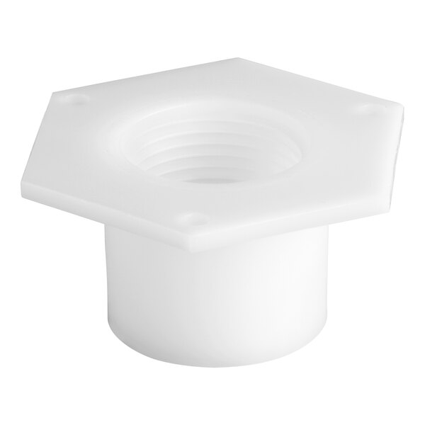 A close-up of a white plastic nut with a hexagonal shape and a nut in the center.