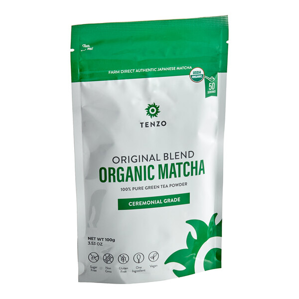 A white and green bag of Tenzo Organic Ceremonial Matcha Green Tea Powder.