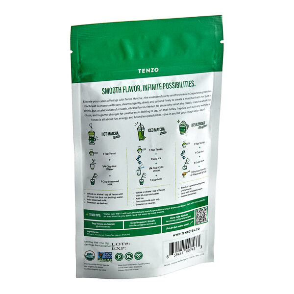A green and white bag of Tenzo Organic Ceremonial Matcha Green Tea Powder with instructions.