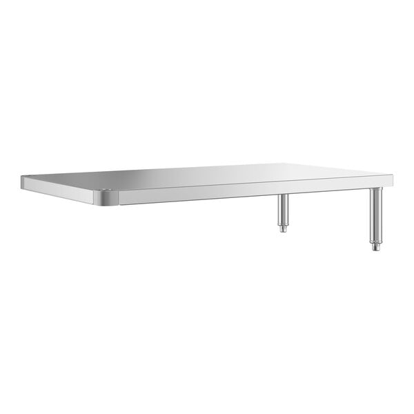 A rectangular stainless steel shelf with two supporting legs on one side.