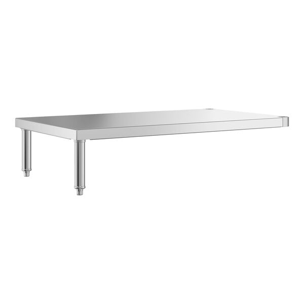 A rectangular stainless steel shelf with three cylindrical legs, designed to be mounted under a table.