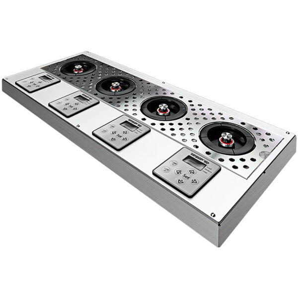 A low profile silver and black ReverseTap beer dispenser with four buttons.