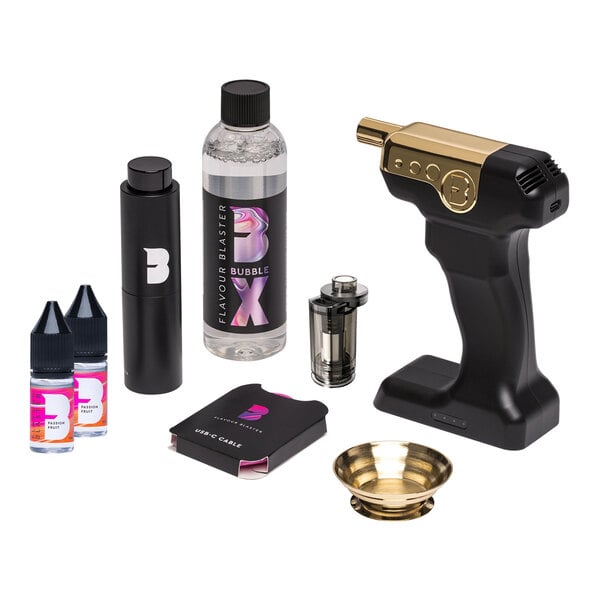 A Flavour Blaster Jet Black Mini Cocktail Gun All-in-One Starter Kit with various accessories and flavor solutions.