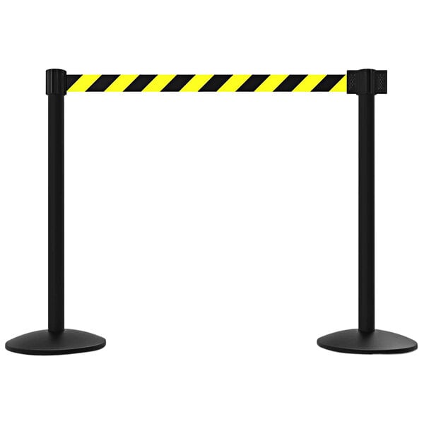 A Banner Stakes yellow and black striped barrier with black poles.