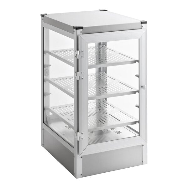 A rectangular glass display case with a metal frame and three perforated metal shelves inside.