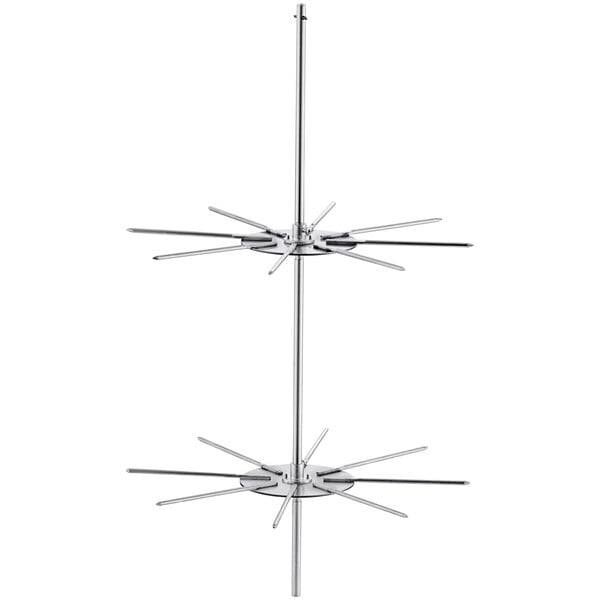 A white metal rack with six metal rods.