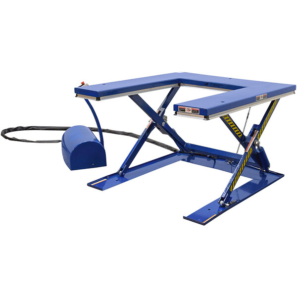 A blue scissor lift table with a black cord attached to it.