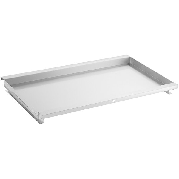 An Avantco metal rectangular drip pan with a white border.