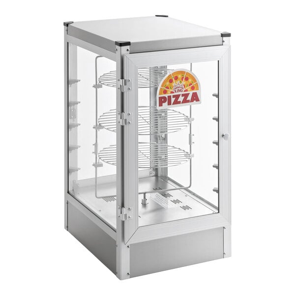 A glass display case with metal shelves and a front door, featuring a pizza graphic on the glass.