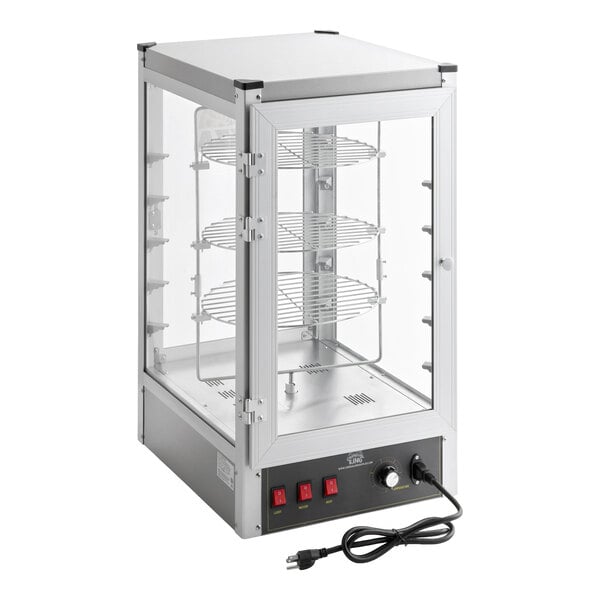 A rectangular glass display case with three wire shelves, a front door, control switches, and a power cord.