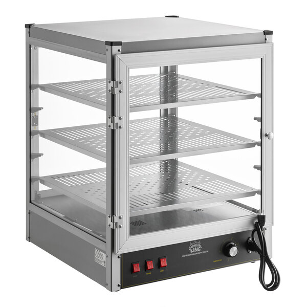 A metal and glass display case with three perforated shelves, a front door, and control switches at the bottom.