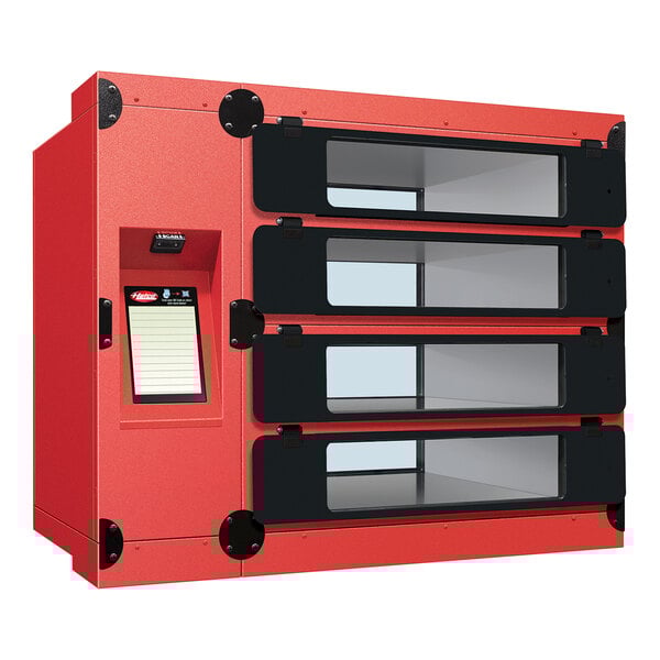 A red and black box with black doors.