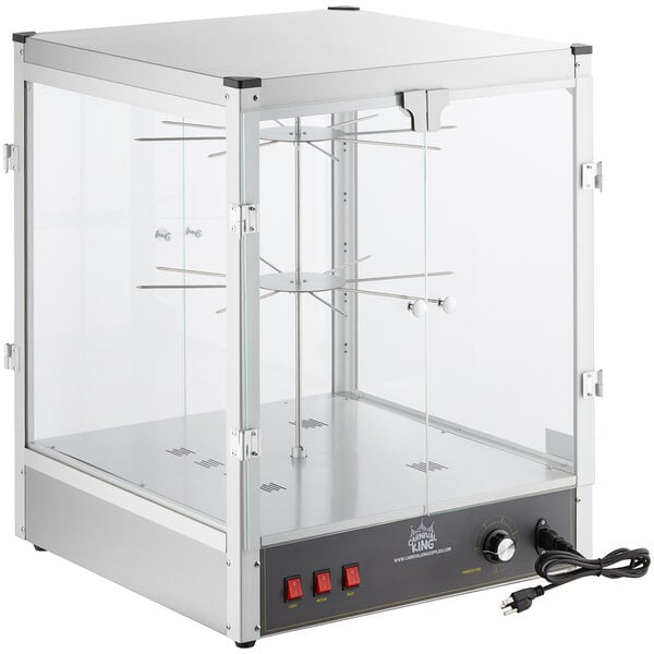 A glass box with a black and silver base and a glass door on a Carnival King Churro Display Warmer.