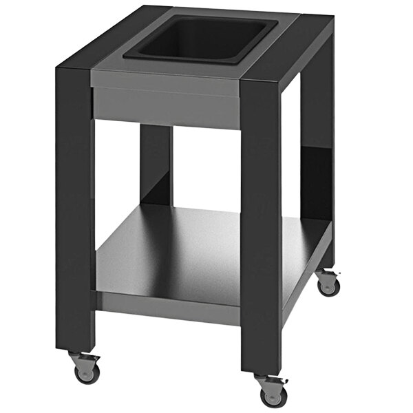 A black and silver rectangular Lakeside mobile serving table with wheels.